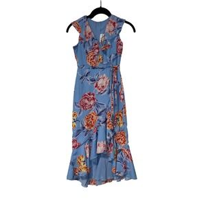Rare Editions Floral High-Low Wrap Dress Girls 10 Blue Chiffon E477930 A